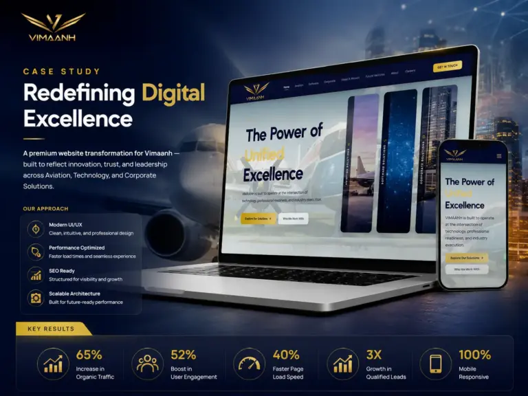 Vimaanh website transformation case study by Digitechzo featuring modern website design, improved user experience, SEO-ready architecture, and enhanced brand visibility.