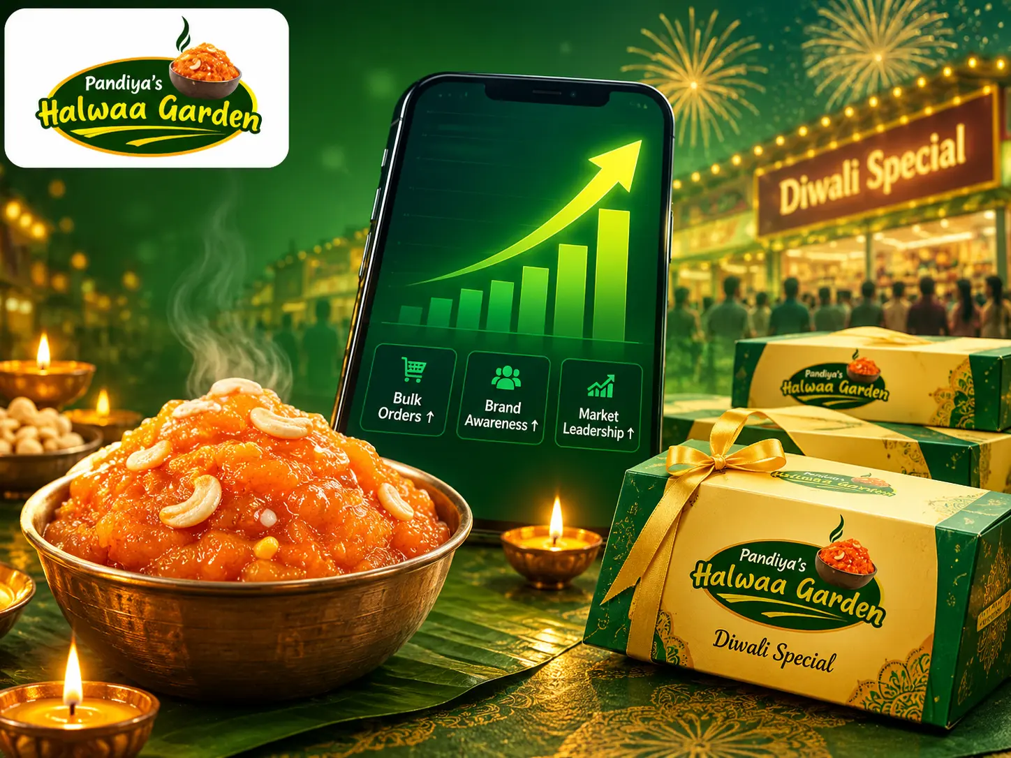 Digitechzo marketing campaign for Pandiya's Halwa highlighting festive branding, customer engagement, and revenue growth